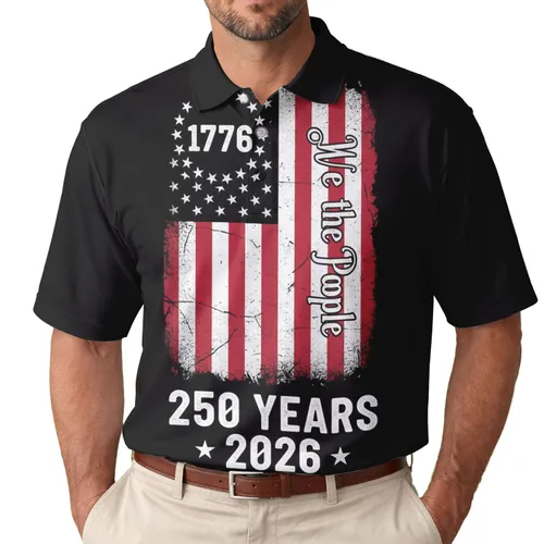 America 250th Anniversary: 1776 Distressed Flag, We the People, Red White Black Men's Polo Shirt (Lightweight)