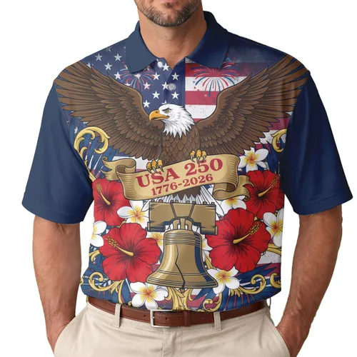 America 250th Birthday Bald Eagle Liberty Bell Tropical Floral Patriotic Commemoration Men's Polo Shirt (Lightweight)