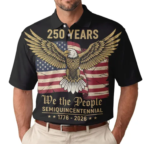 250th Anniversary Eagle Distressed Flag We the People 1776-2026 Polo Americana Men's Polo Shirt (Lightweight)