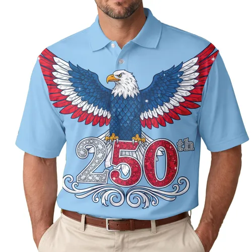 America 250th Anniversary Eagle: Spread Wings, Gem Red White Blue Silver 250 Emblem Men's Polo Shirt (Lightweight)