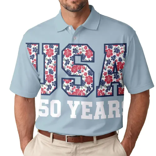 USA 250th Anniversary Tropical Floral Letters 250 Years Crimson Navy White Men's Polo Shirt (Lightweight)