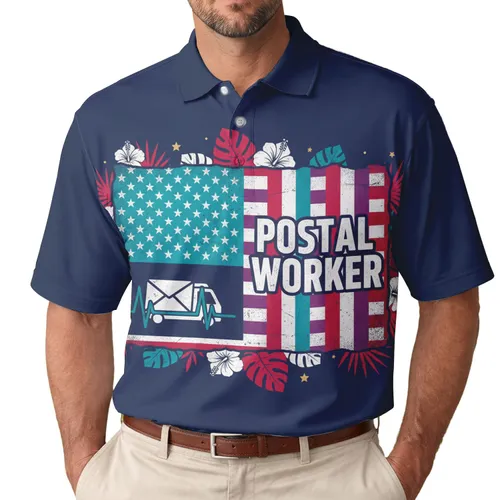 USA Postal Worker Distressed Flag: Tropical Patriotic Mail Icon Men's Polo Shirt (Lightweight)