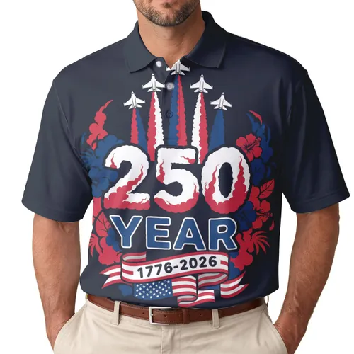 America 250th Anniversary Tropical Jet Smoke Banner 1776-2026 Patriotic Men's Polo Shirt (Lightweight)