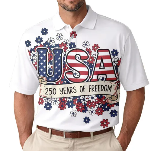 USA 250th Anniversary Patriotic Stars Stripes Freedom Banner Daisy Wreath Floral Men's Polo Shirt (Lightweight)