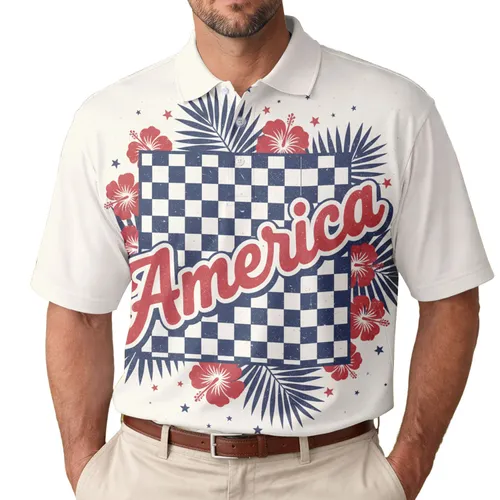 USA 250th Anniversary America Word Polo Hibiscus Palm Checkerboard Est. 1776 Men's Polo Shirt (Lightweight)