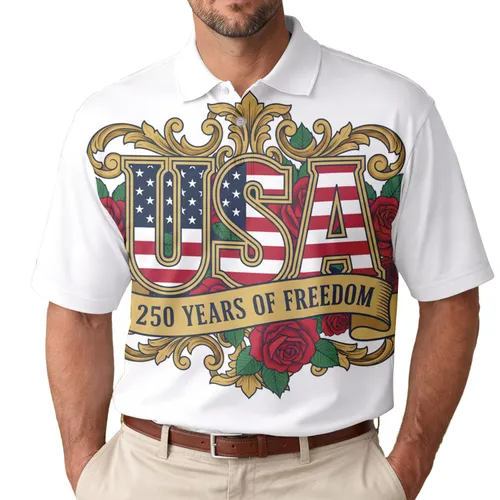America 250th Anniversary USA Flag Stars Stripes Freedom Banner Crimson Rose Gold Baroque Men's Polo Shirt (Lightweight)