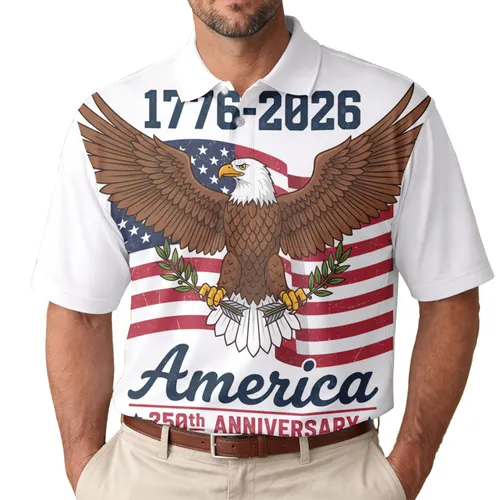 America 250th Anniversary Bald Eagle Olive Branch Distressed Flag 1776-2026 Men's Polo Shirt (Lightweight)