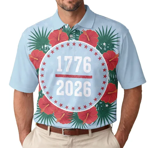 America's 250th Anniversary 1776-2026 Patriotic Polo Distressed Stars Hibiscus Men's Polo Shirt (Lightweight)