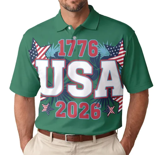 USA 250th Anniversary Polo Star USA Text 1776-2026 Crimson Green Men's Polo Shirt (Lightweight)