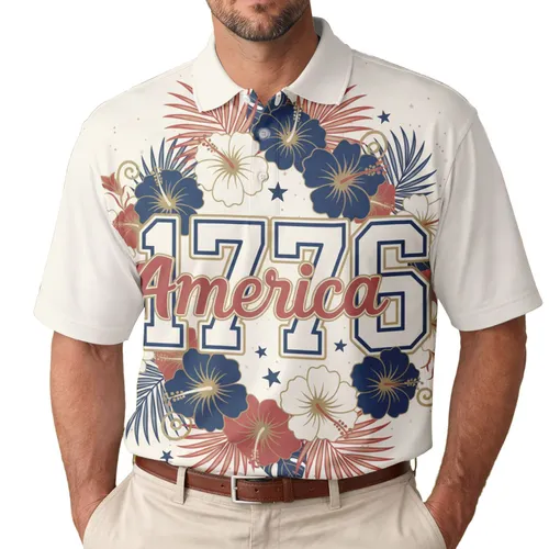 America 250th Anniversary 1776 Polo Patriotic Tropical Red White Blue Gold Men's Polo Shirt (Lightweight)