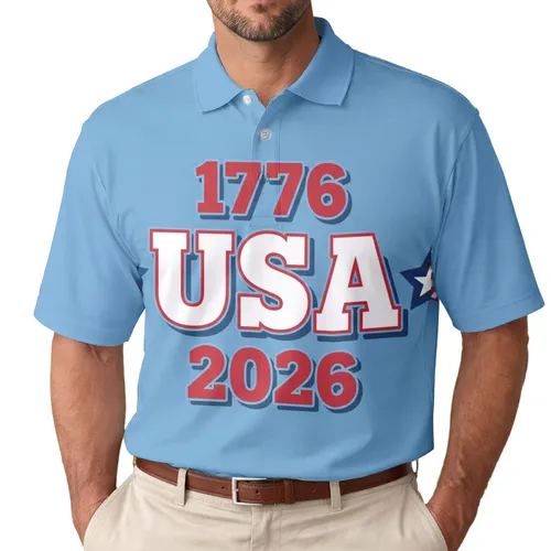 America 250th Anniversary 1776 USA 2026 Patriotic Stars Tropical Denim Blue Men's Polo Shirt (Lightweight)