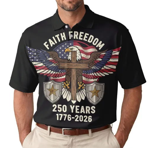 America 250th Anniversary Eagle Flag Cross Faith Freedom 1776-2026 Vintage Americana Men's Polo Shirt (Lightweight)