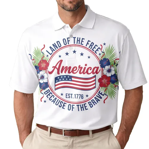 America 250th Anniversary Patriotic Emblem: Land of Free, Brave – Est. 1776 Hibiscus Palm Men's Polo Shirt (Lightweight)