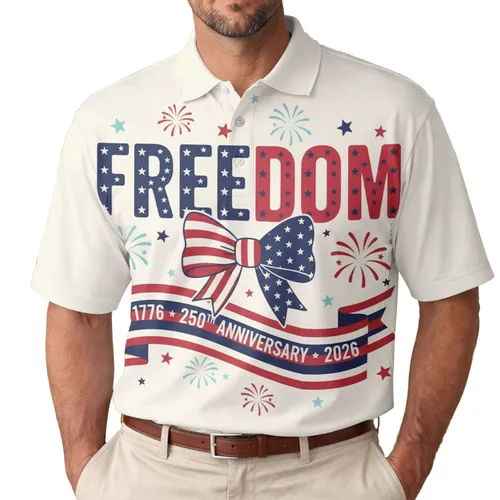 America 250th Freedom Stars Banner 1776 2026 Patriotic Stripes Tropical Motif Men's Polo Shirt (Lightweight)
