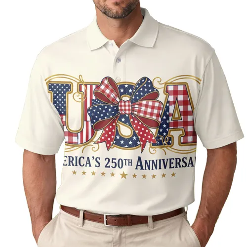 America 250th Vintage Patriotic USA Patchwork Emblem Gold Outline Multi-Fabric Bow Men's Polo Shirt (Lightweight)
