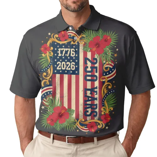 America 250th Anniversary Vintage Flag 1776 Palm Hibiscus Scrollwork Men's Polo Shirt (Lightweight)
