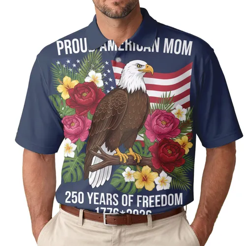 Proud American Mom Bald Eagle Flag Peonies 250th Anniversary 1776 2026 Men's Polo Shirt (Lightweight)