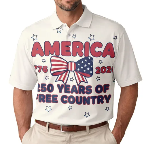 America 250th Anniversary Polo Inspired Patriotic Bow 1776-2026 Stripes Stars Men's Polo Shirt (Lightweight)