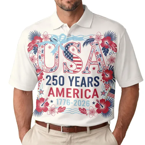 America 250th Anniversary USA Floral Letter Patriotic Ribbon Tropical Commemoration Men's Polo Shirt (Lightweight)