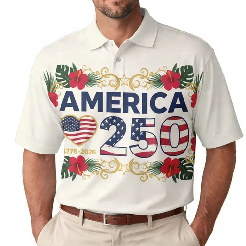 USA 250th Anniversary Distressed Flag AMERICA 250 Text Waving Heart 1776-2026 Hibiscus Men's Polo Shirt (Lightweight)