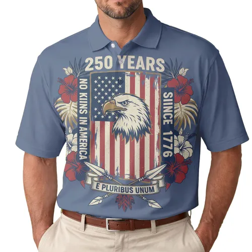 America 250th Anniversary Patriotic Flag Eagle 'No Kings 1776' Tropical Indigo Men's Polo Shirt (Lightweight)