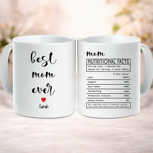 Personalized Mom Nutritional Facts Mug, Custom Best Mom Ever Coffee Cup, Funny Mother's Day Gift with Name, Unique Mommy Birthday Present