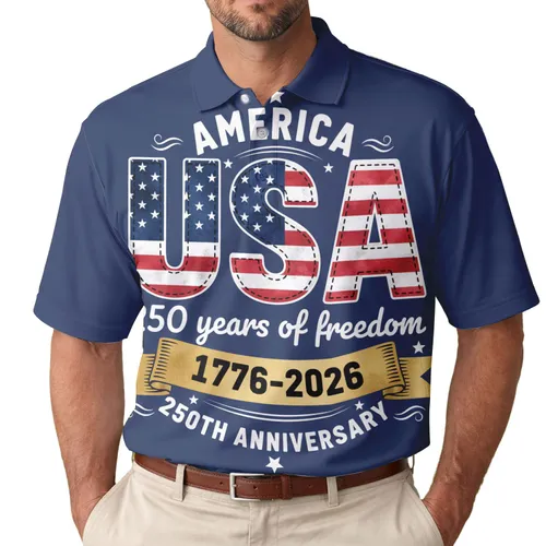 America 250th Celebration: Distressed USA Flag Watercolor Stitched, 1776-2026 Gold Navy Men's Polo Shirt (Lightweight)