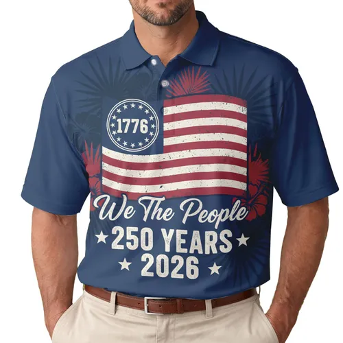 America 250th Semiquincentennial Distressed Flag 1776 'We The People' Patriotic Design Men's Polo Shirt (Lightweight)
