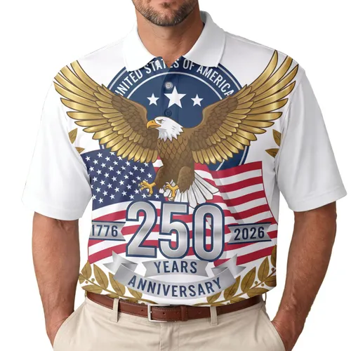 Patriotic USA 250th Anniversary Eagle Flag Emblem Metallic 250 Golden Wings Men's Polo Shirt (Lightweight)
