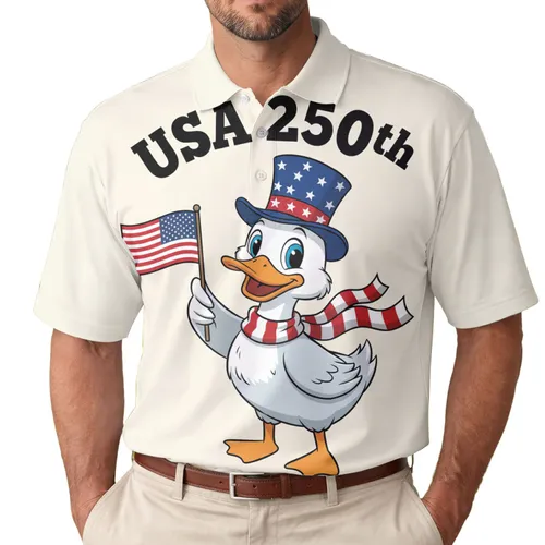 America 250th Anniversary Duck: Patriotic Star Hat, Flag, & Striped Scarf Design Men's Polo Shirt (Lightweight)