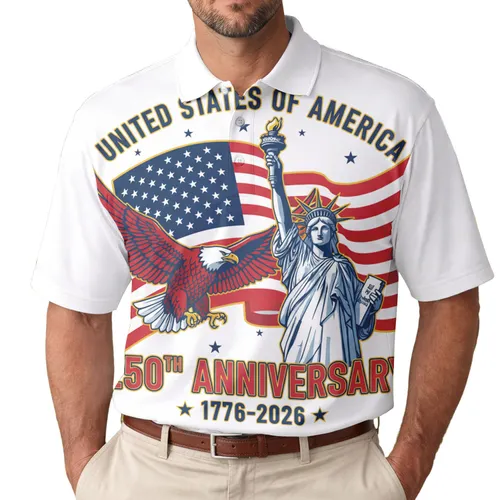 United States 250th Anniversary Eagle Liberty Flag 1776-2026 Patriotic Graphic Men's Polo Shirt (Lightweight)