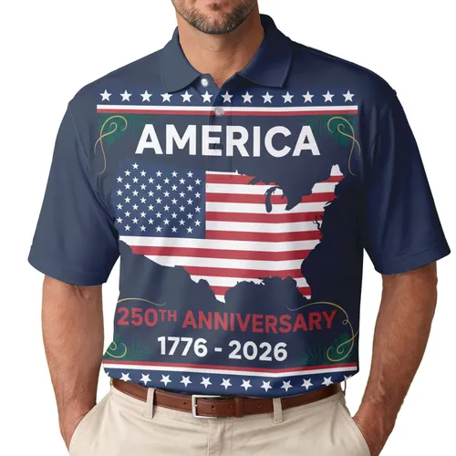 America 250th Anniversary US Flag Map 1776-2026 Commemorative Star Border Tropical Men's Polo Shirt (Lightweight)