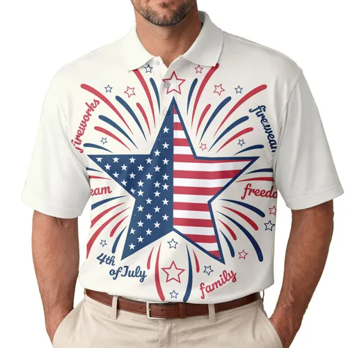 America 250th Birthday Patriotic Flag Star Tropical Fireworks Freedom Men's Polo Shirt (Lightweight)