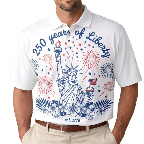 America 250th Birthday Liberty Line Art Polo Patriotic Torch Cupcake Est. 1776 Event Men's Polo Shirt (Lightweight)