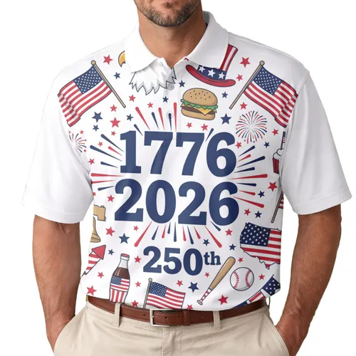 USA 250th Anniversary 1776 2026 Patriotic Polo Eagle Flags Fireworks Bell Men's Polo Shirt (Lightweight)