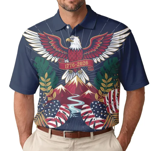 America 250th Patriotic Eagle Polo Tropical 1776-2026 Mountain Stream Men's Polo Shirt (Lightweight)