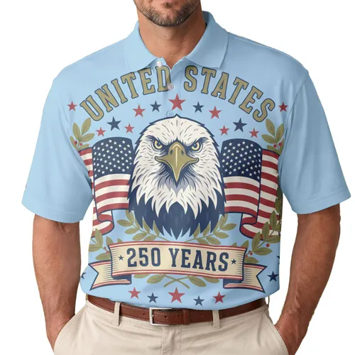 America 250th Anniversary Bald Eagle United States Waving Flags Laurel Wreaths Stars Men's Polo Shirt (Lightweight)