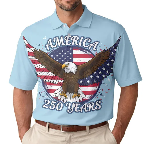 America 250th Anniversary Eagle Flight | Distressed Flag Wings | Polo Patriotic Art Men's Polo Shirt (Lightweight)