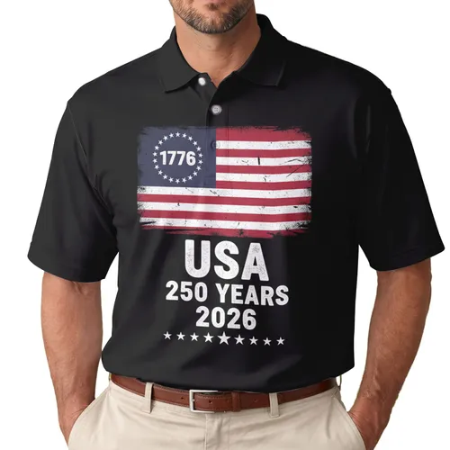 America 250th Anniversary 1776 Vintage Flag - USA 2026 Crimson Red Navy Blue Black Men's Polo Shirt (Lightweight)