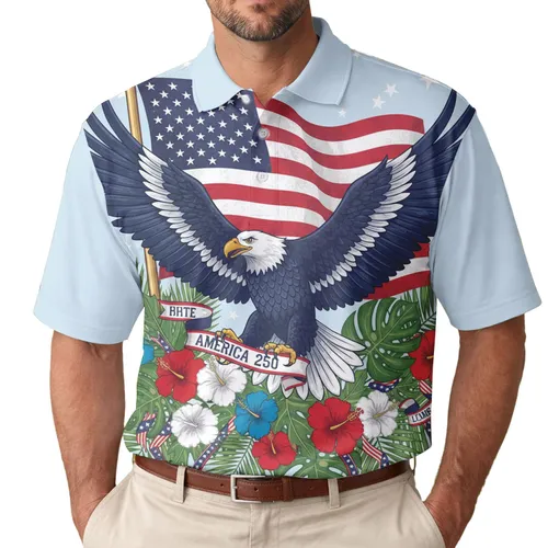 USA 250th Birthday Eagle Flight Flag Tropical Patriotic Hibiscus Design Men's Polo Shirt (Lightweight)