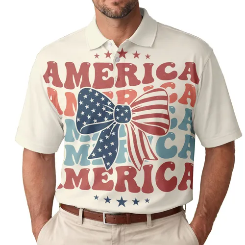 America 250th Anniversary Est 1776 Patriotic Bow Wavy AMERICA Stars Men's Polo Shirt (Lightweight)