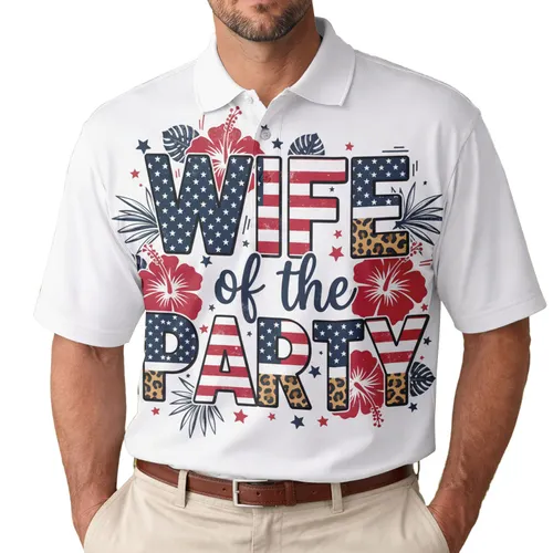 Wife of the Party America 250th Flag Pattern Leopard Tropical Text Men's Polo Shirt (Lightweight)