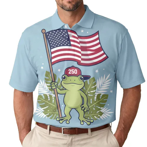 America's 250th Anniversary Frog In Red Cap US Flag Tropical Leaves Blue Jean Men's Polo Shirt (Lightweight)