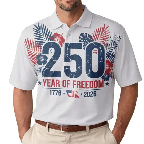 America's 250th Semiquincentennial 1776-2026 Patriotic Distressed Tropical Freedom Men's Polo Shirt (Lightweight)