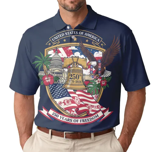 Patriotic 250th Anniversary USA Freedom Liberty Bell Capitol Eagle Flag Shield Men's Polo Shirt (Lightweight)