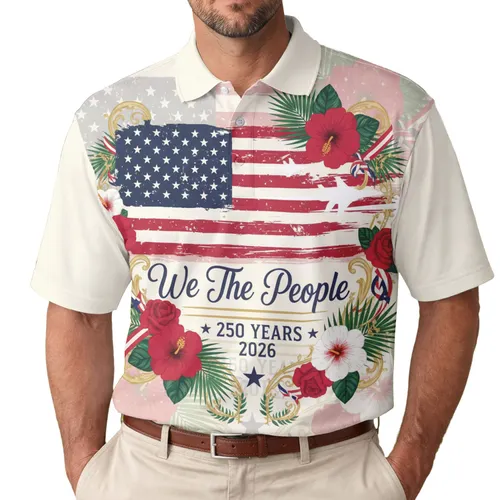 America 250th Birthday Distressed Flag, We The People 2026, Jet Planes, Tropical Gold Scroll Men's Polo Shirt (Lightweight)
