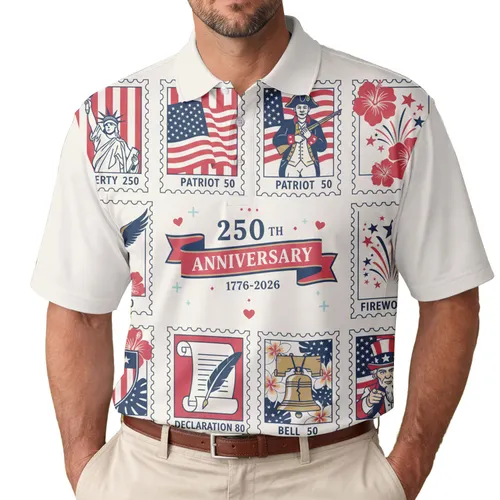 America 250th Birthday Commemorative Patriotic Stamp Collection 1776-2026 Men's Polo Shirt (Lightweight)