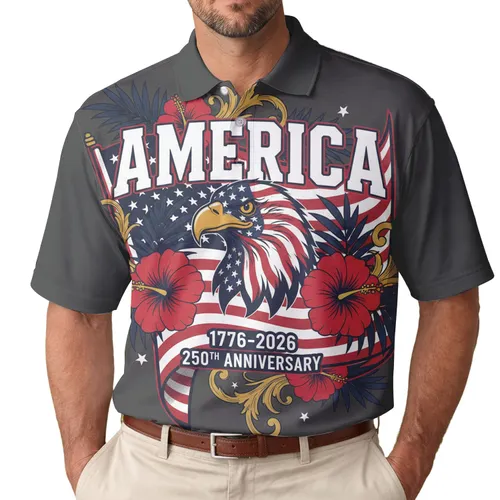 USA 250th Birthday Eagle Flag 1776-2026 Patriotic Hibiscus Palm Banner Men's Polo Shirt (Lightweight)