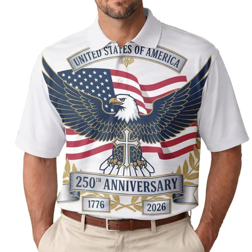 America 250th Anniversary Eagle Cross Flag Wreath 1776-2026 Patriotic Tropical Design Men's Polo Shirt (Lightweight)