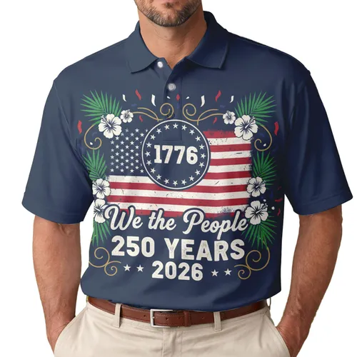 Patriotic America 250th Anniversary Distressed Flag 1776 We the People Hibiscus Palm Men's Polo Shirt (Lightweight)